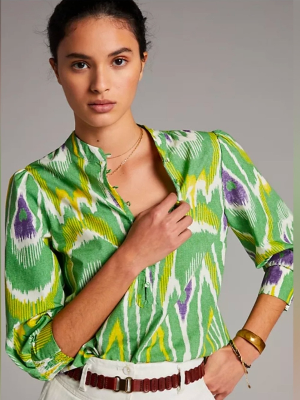 Anthropologie Sharona Henley Top Ikat Tribal Print Green L Boho